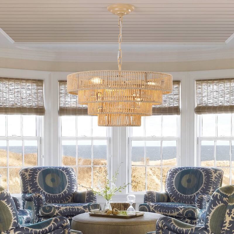 Modern Layered Hemp Rope Chandelier in Boho Style, Elegant Hanging Light for Living, Dining & Bedroom Areas (Bulbs Not Included)