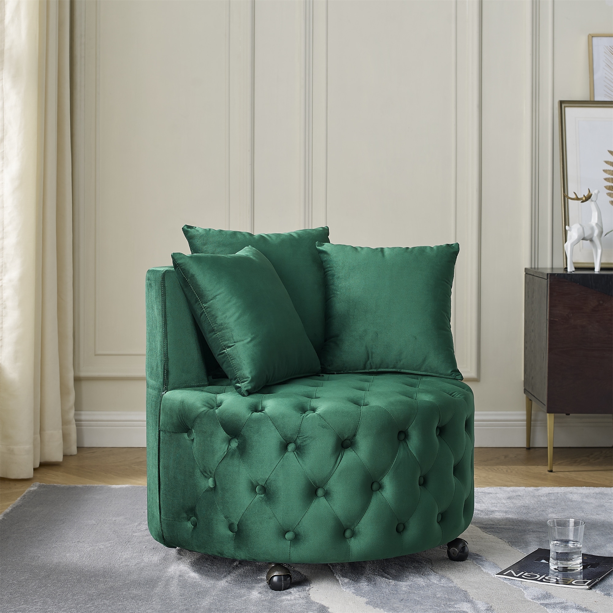 Velvet Upholstered Swivel Chair for Living Room, Button Tufted Barrel Chair Corner Chair with Movable Wheels & 3 Pillows