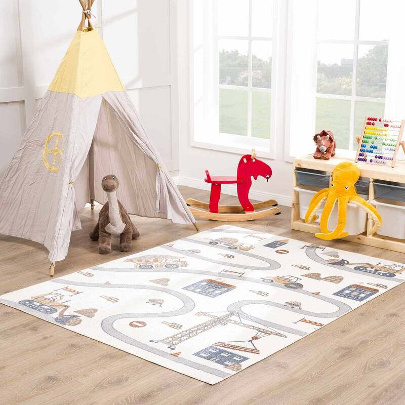 Hauteloom Olwen Living Room, Bedroom Machine Washable Area Rug - Cream, Light Gray - 6'7" x 9' - 6'7" x 9' - Cream, Light Gray / Olwen