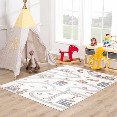 Hauteloom Olwen Living Room, Bedroom Machine Washable Area Rug - Cream, Light Gray - 6'7" x 9'