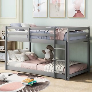 Twin Over Twin Floor Bunk Bed With Ladder Crafted From Pine Wood