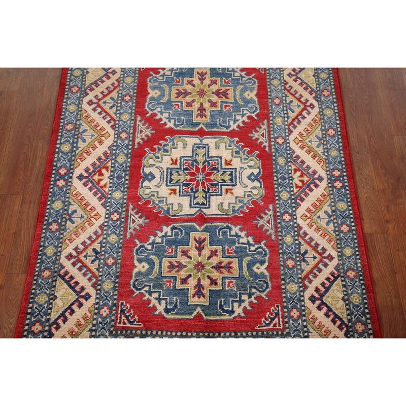 Geometric Kazak Accent Rug Hand-Knotted Red Wool Carpet - 3'3" x 4'9"