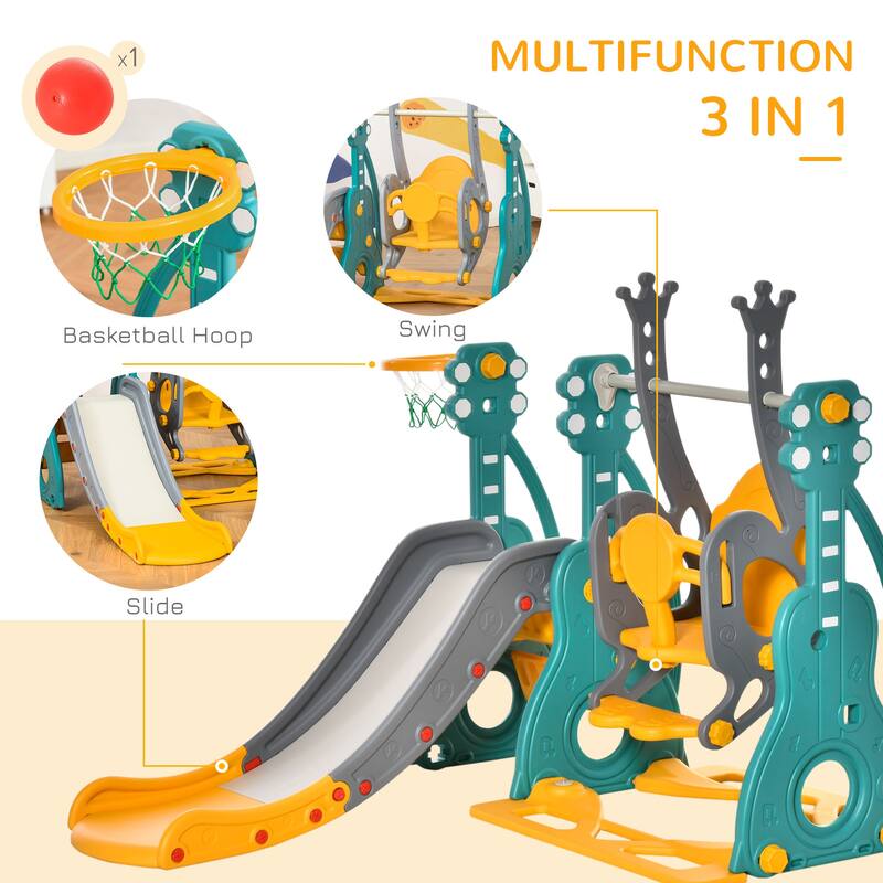Teal-Dolphin Grey-Golden Yellow HDPE Kids Swing Set with Slide and Hoop - 59.75" L x 58.75" W x 42.25" H