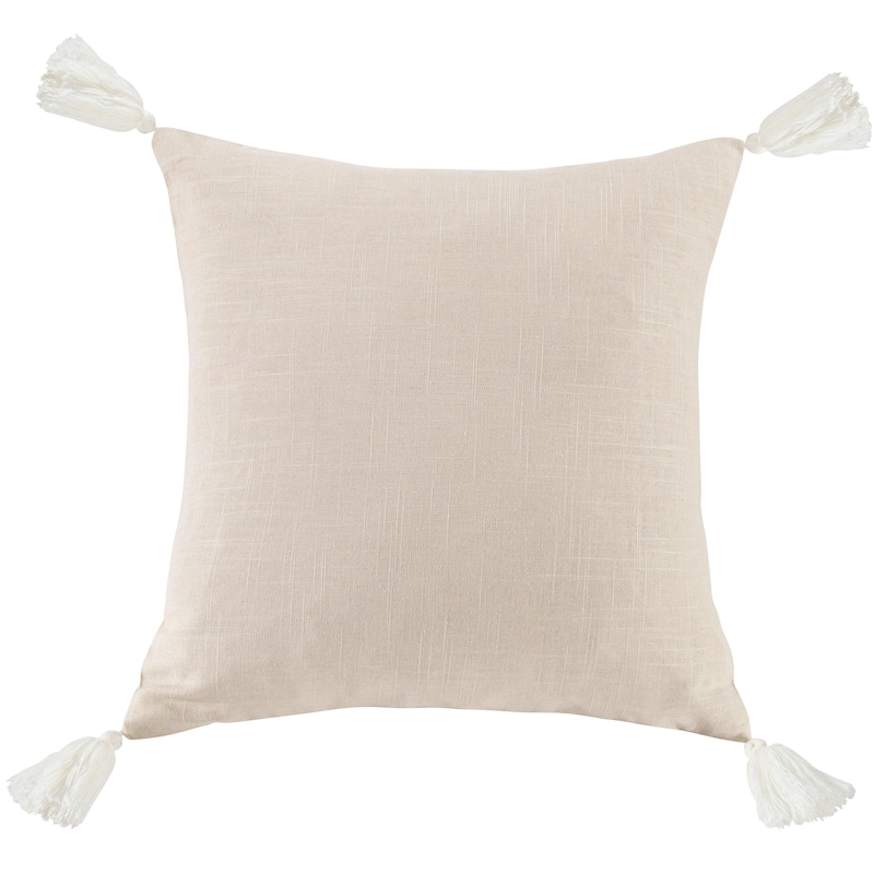HiEnd Accents Luna Washed Linen Tasseled Square Pillow, 18"x18" - Light Tan