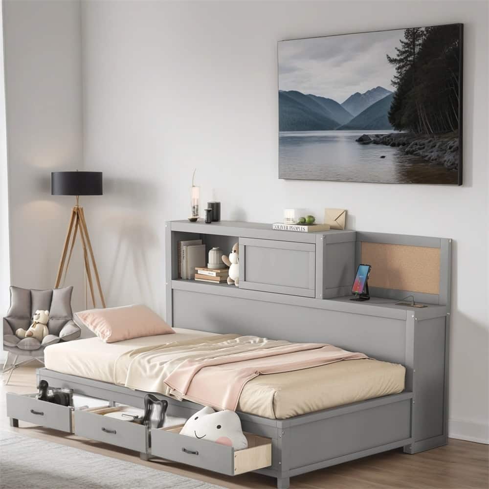Twin Size Wooden Daybed with Drawers,A Set of Sockets and USB Ports