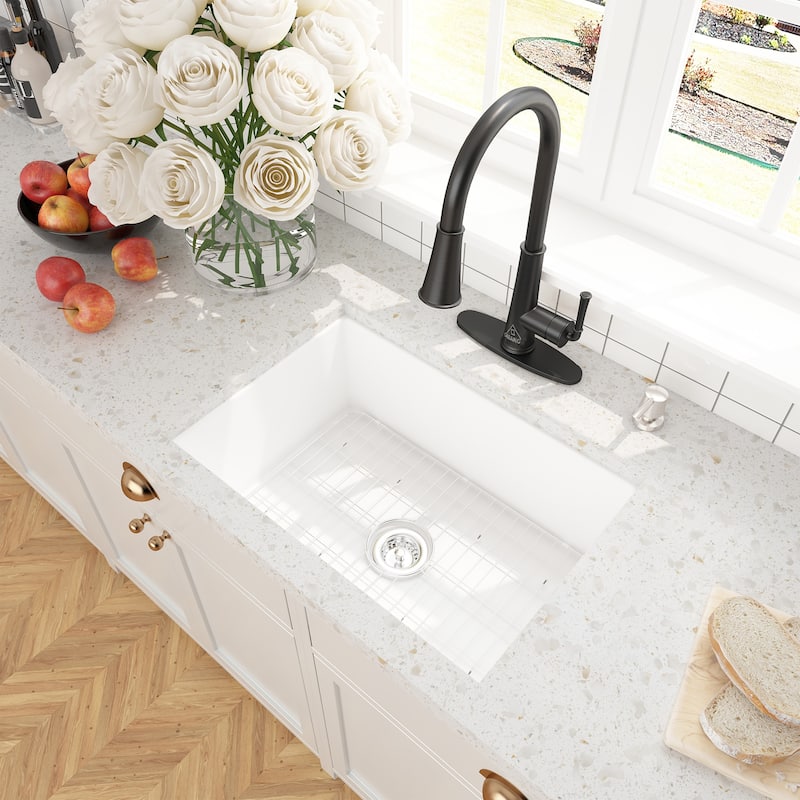 CASAINC All-in-One Fireclay 27 in. Single Bowl Undermount Kitchen Sink with Infrared Sensor Kitchen Faucet and Accessories - Glossy White Sink + Pull Down Kitchen Faucet