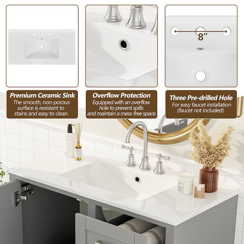 GDFStudio - Aurea Wood & Ceramic 36" Bathroom Vanity with Sink, Soft-Close Door & 3 Drawers