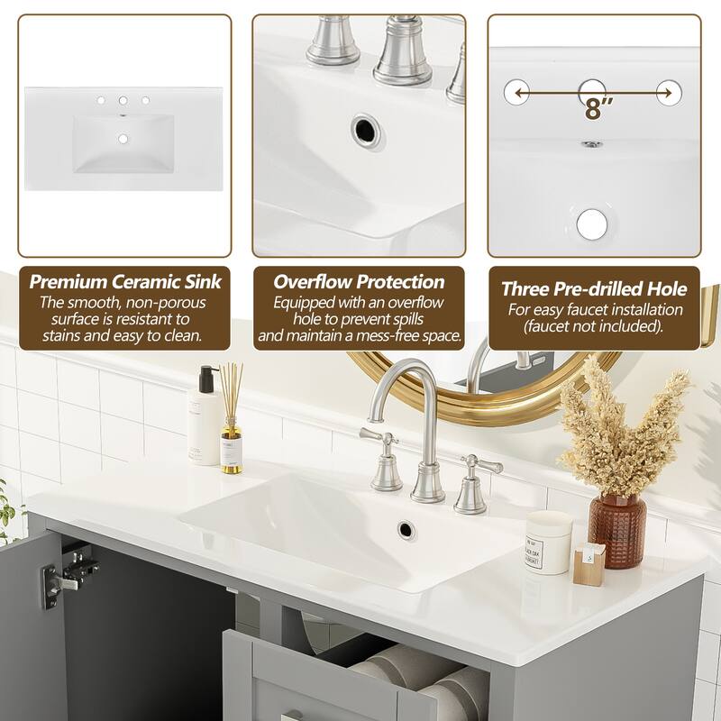 Simple Freestanding Bathroom Vanity Storage Cabinet with 3 Drawers of Different Sizes, Soft Close Door and Metal Handles