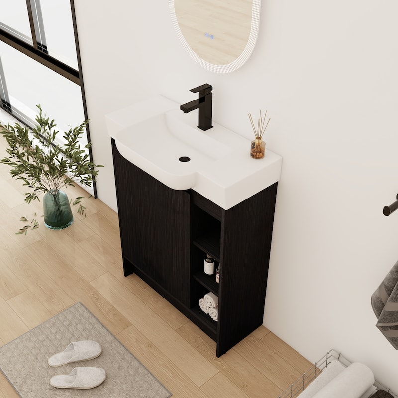 28 Inch Freestanding Bathroom Vanity Cabinet with Ceramic Sink,1 Soft Close Door and 3 Shelves