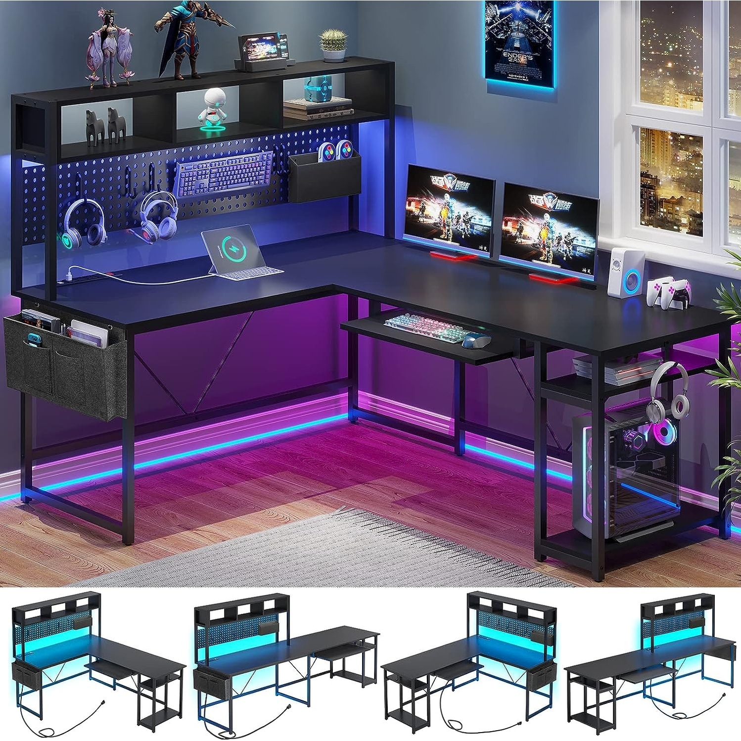 L Shaped Gaming Desk, 66 Home Office Desk with File Drawer & Power Outlet,  Gaming Desk with Led Lights, Corner Computer Desk with Monitor Shelf