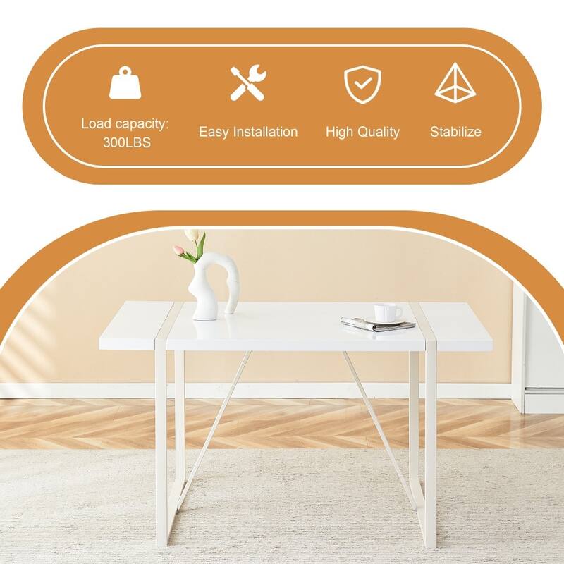 Modern Cream Style Dining Table with Thick MDF Top and White Metal Legs Frame
