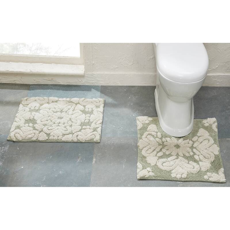 Better Trends Medallion Collection 100% Cotton 2-Pc Set Bathroom Rugs-Soft & Super Absorbent, Non-Skid Latex, Machine Washable - 2 Piece Set (17" x 24" | 20" x 20") - Sage & Natural