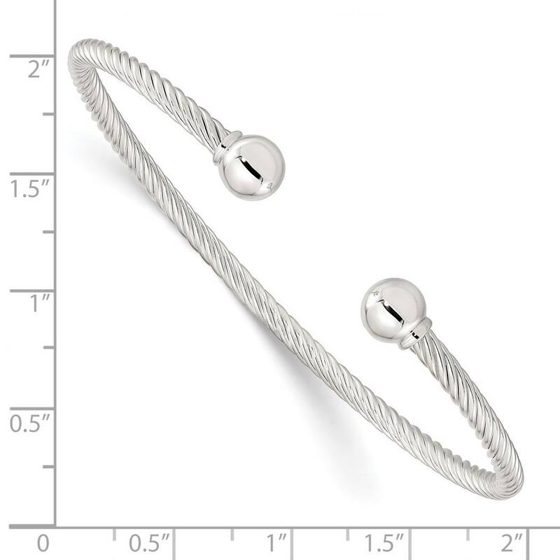 Curata 925 Sterling Silver Twisted Cable Cuff with Ball Endcaps Bangle Bracelet