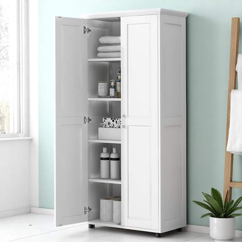 Tall Storage Cabinet with Adjustable Shelves and 2 Doors, White MDF Freestanding Unit for Bathroom or Office
