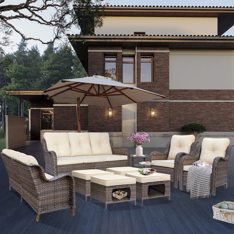 9 Piece Wicker Outdoor Patio Furniture Seating Sofa Conversation Sets - Cream-Brown Rattan