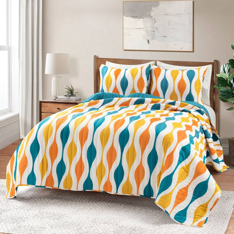 Lush Decor Mid Century Geo 3 Piece Quilt Set - Turquoise & Orange - Full - Queen
