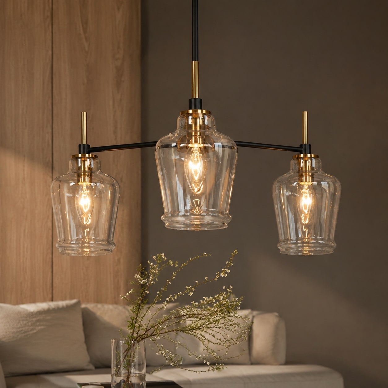 Modern 3-Light Black Gold Chandelier Glass Pendant Lights for Dining Room - D 21" x H 10"