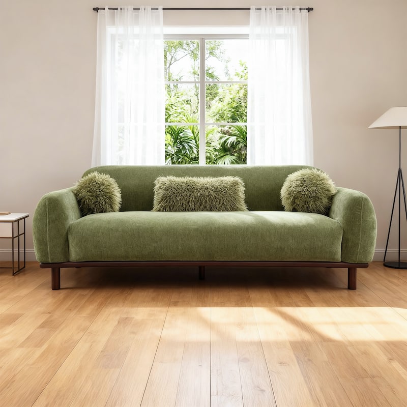 84" Mid-Century Chenille Round Arm Sofa with 3 Pillows - Olive Green