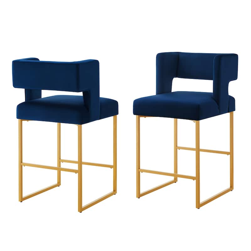 Counter Height Bar Stools Set of 2, Velvet Upholstered Bar Stools with Open Backrest, Breakfast Bar Chairs with Metal Footrest - Navy