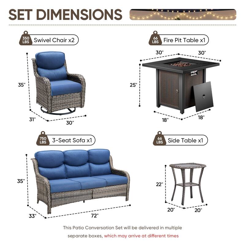 Pocassy 30 In Outdoor Fire Pits with Patio Sofa Swivel Glider Chari Furniture.