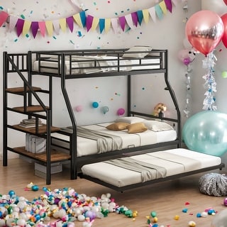 Modern Versatile Twin Over Full Bunk Bed With Trundle And Storage Staircase for Bedroom