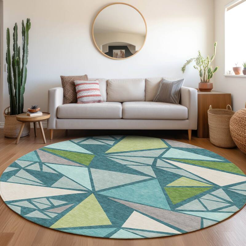 Machine Washable Indoor/ Outdoor Abstract Mosaic Chantille Rug - Teal - 8' x 8'