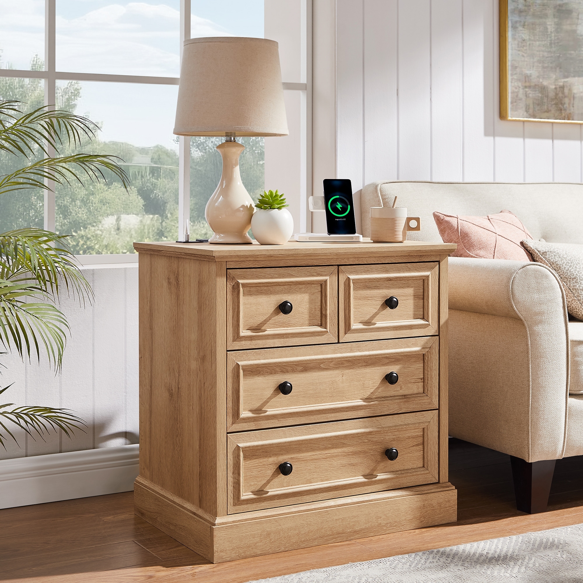 Farmhouse Nightstand with 4 Drawers, End Table with Charging Station