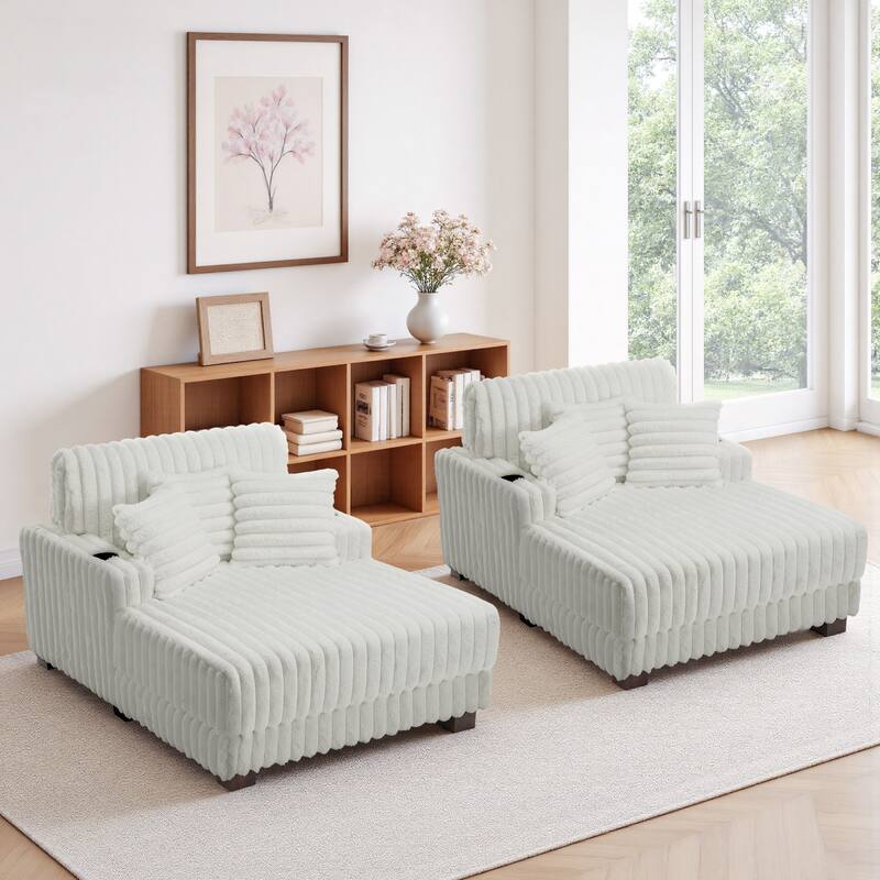 2-Piece Flannel Chaise Lounge Sofa Bed Set with Cup Holder - Beige
