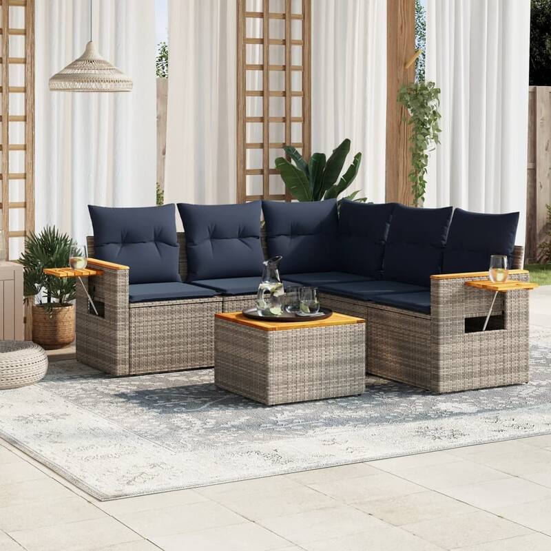 vidaXL 6 Piece Patio Sofa Set with Cushions Grey Poly Rattan (US only) - 70.5x33.5x70.5