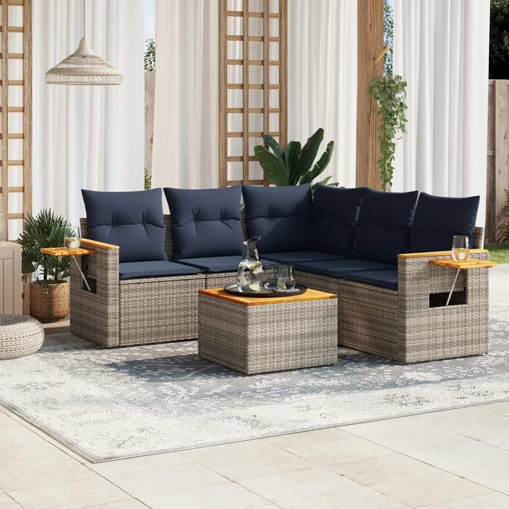vidaXL 6 Piece Patio Sofa Set with Cushions Grey Poly Rattan (US only) - 70.5x33.5x70.5