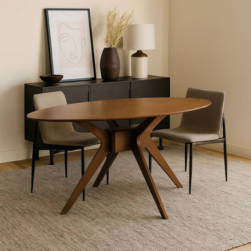 Ebik Dining Table, 71 Inch Oval Top in Walnut Brown Sunburst Veneer - Walnut Brown