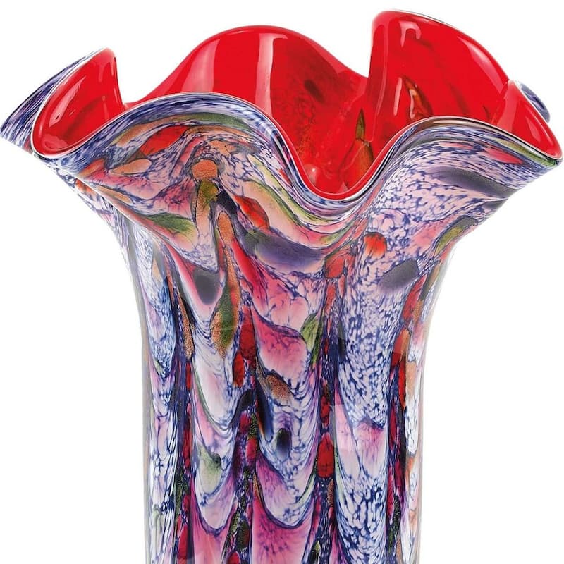 HomeRoots 17" Blue Red And White Abstract Wavy Murano Glass Table Vase