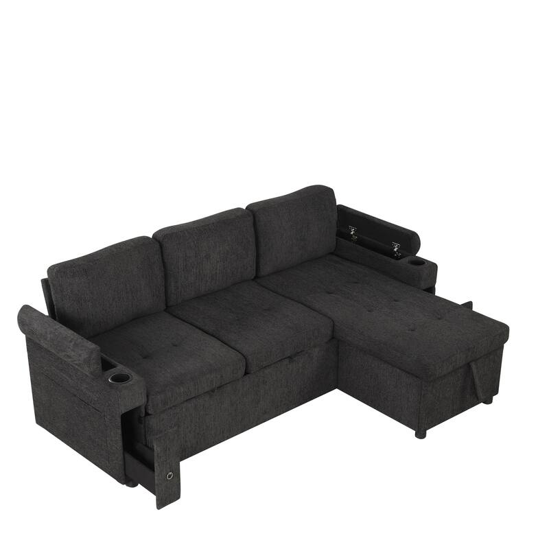 83.5" L-shaped Convertible Sofa Bed with Storage, Cup Holders & USB Ports, Black Chenille