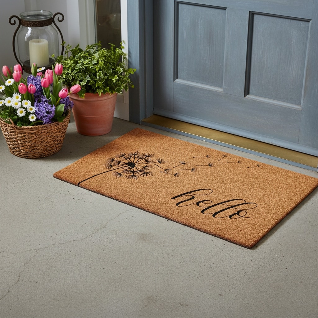 HomeRoots 17" X 29" Brown And Black Floral Hello Outdoor Coir Door Mat - 17.00' X '29.00
