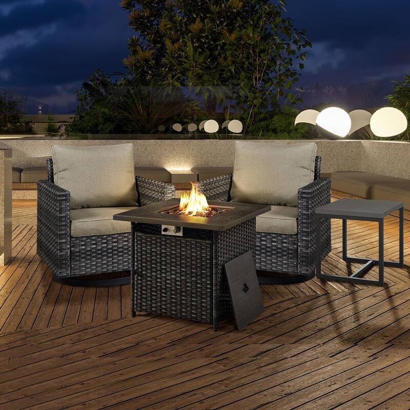 26 In Fire Pit Table with Patio Swivel Chairs Table - Grey - Beige