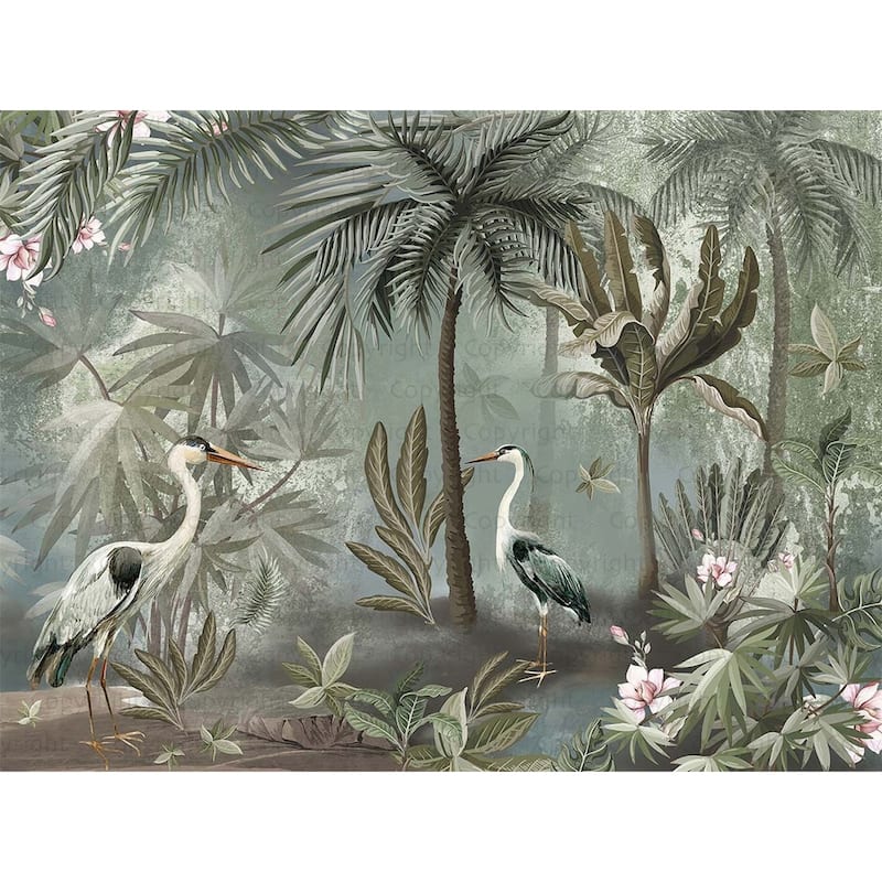 Serene Tropical Oasis Wallpaper Mural Herons and Palm Trees - Purple - W:122" x H:110"