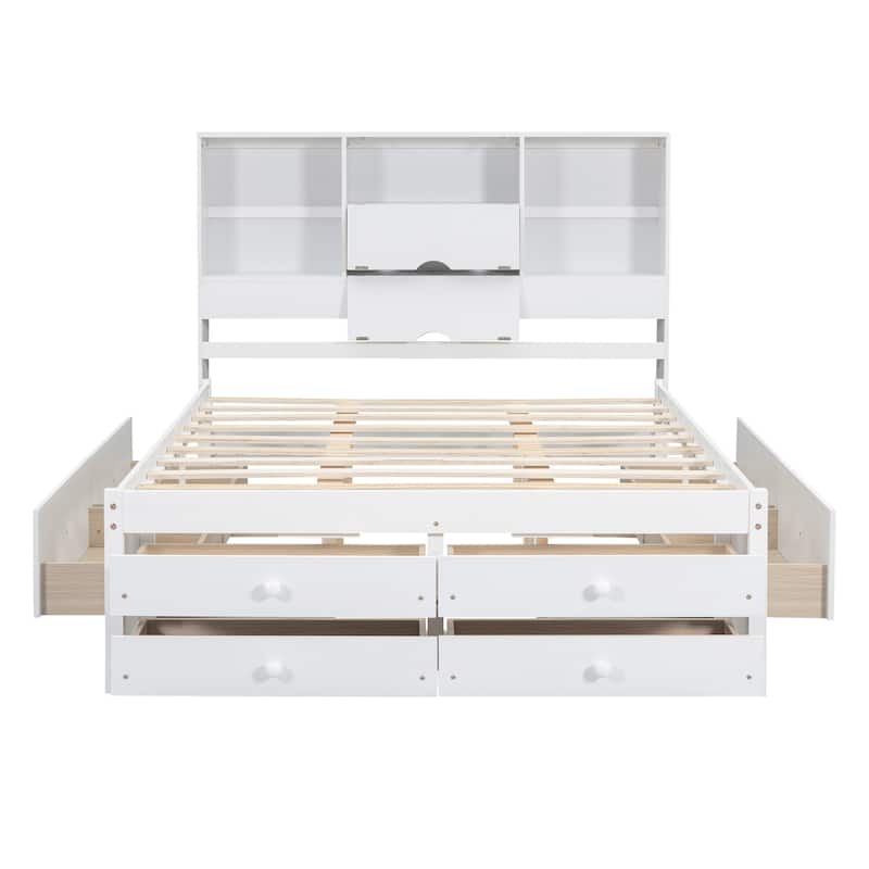 Queen / King Platform Bed with Storage Headboard and 8 Drawers Sturdy Pine Wood Construction