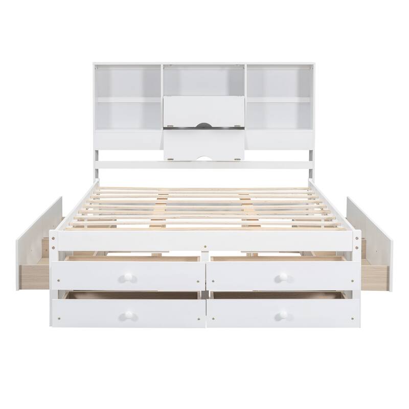 Queen Size Platform Bed with Storage Headboard & 8 Drawers - Gray