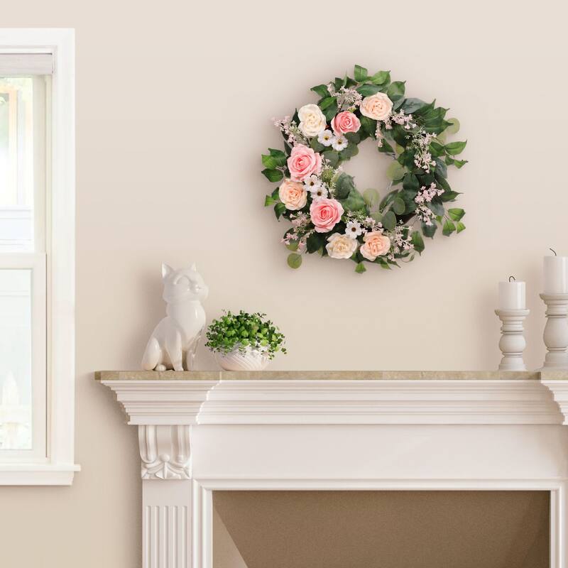 Rose and babysbreath Floral Artificial Spring Wreath, 24-Inch, Unlit