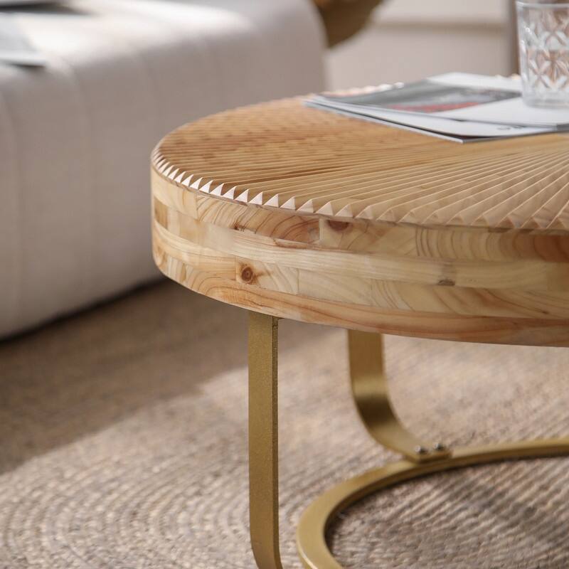 Modern Round Coffee Table with Carved Wood Top and Metal Legs