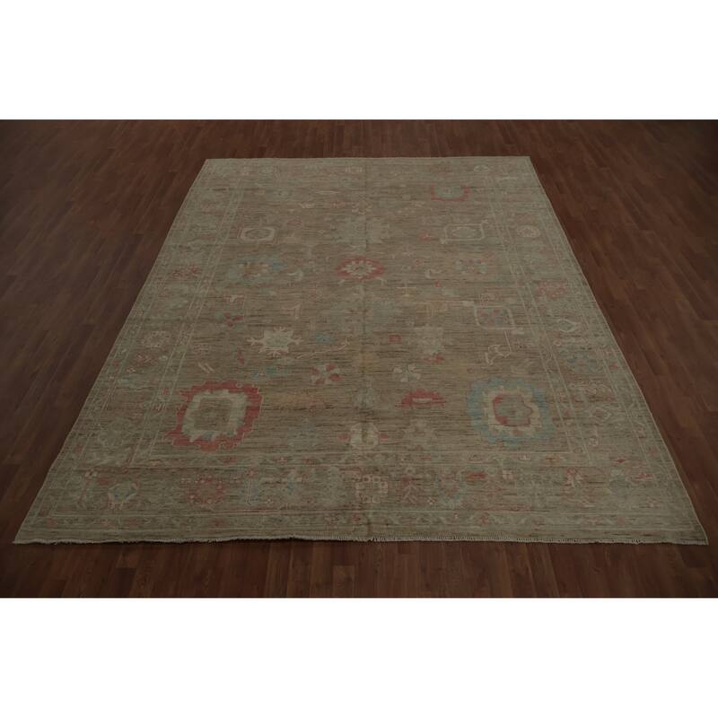 Hand Knotted Oriental 100% Wool Carpet Transitional All-Over Brown Oushak Area Rug - 12' 0'' X 9' 0''