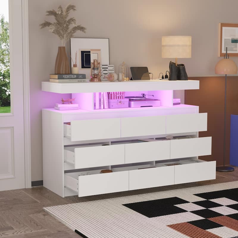 Modern 9-Drawer Dresser with RGB LED Lights and Built-in Power Strip - White Storage Chest