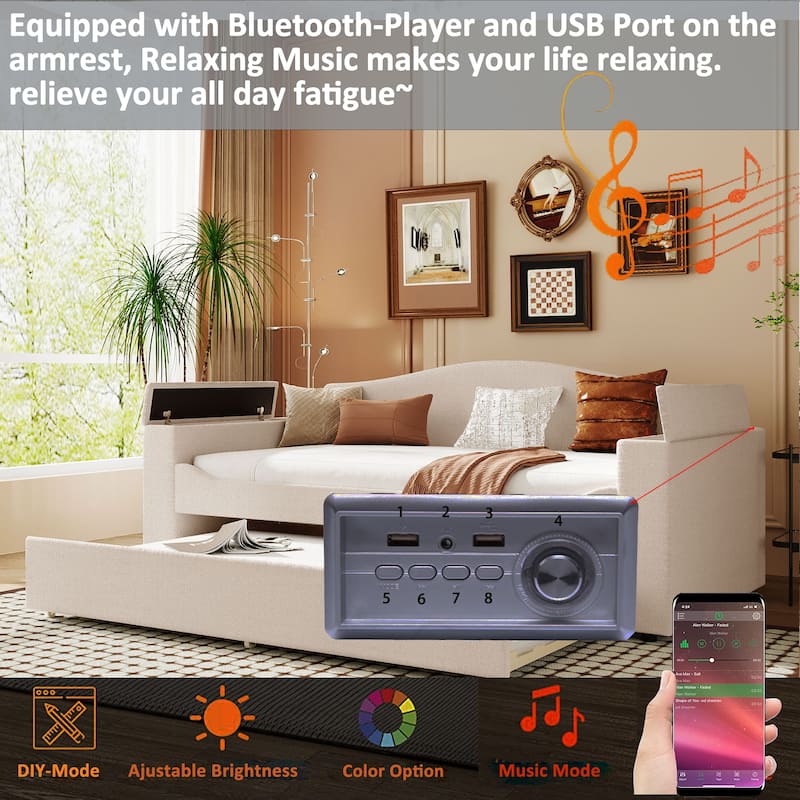 Beige Twin Size Daybed with Storage Armrests and Bluetooth Audio