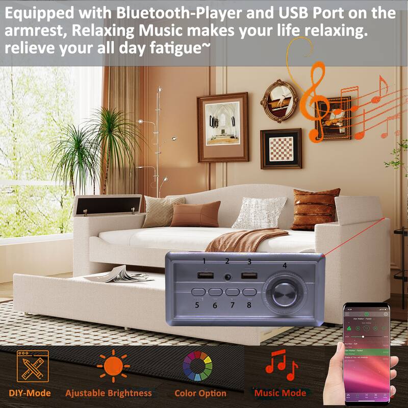 Upholstered Daybed with Storage Armrests, Trundle and Latest Integrated Bluetooth Audio System