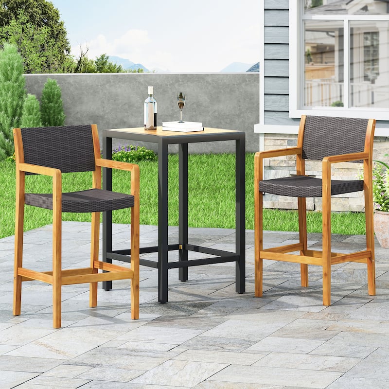 Roomfitters 2-Piece Outdoor Wood Bar Stools, Woven Wicker Patio High Dining Chairs with Armrests and Footrest, Black - Black