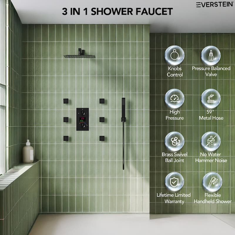 LCD Digital Display Shower System ,12" High-Pressure Rainfall Shower Head with Pressure-Balanced Valve