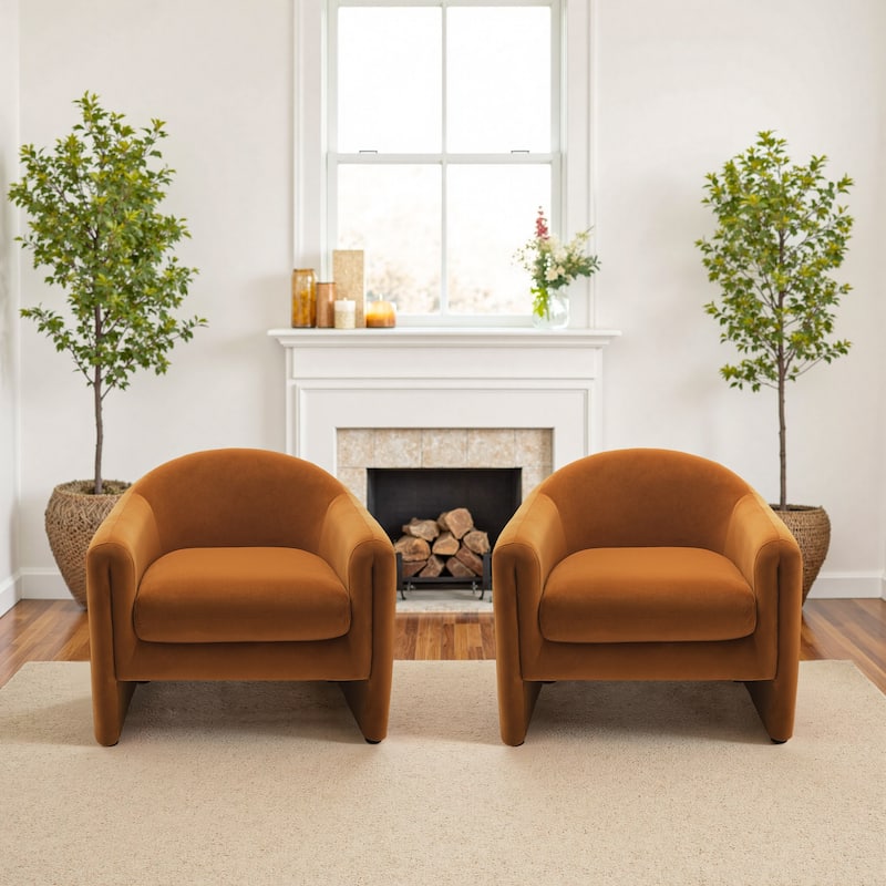 2 Set Modern Upholstered Barrel Accent Chair - Rusted Orange Velvet