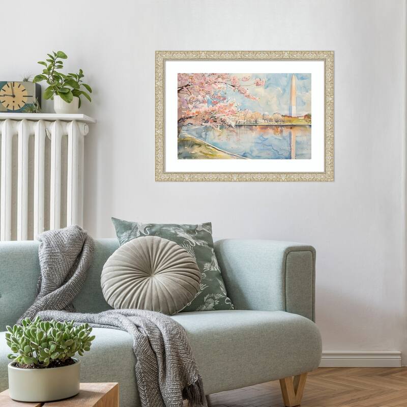 Cherry Blossoms Cityscape by Tradelink inhouse artist Wood Framed Wall Art Print - Lila Silver