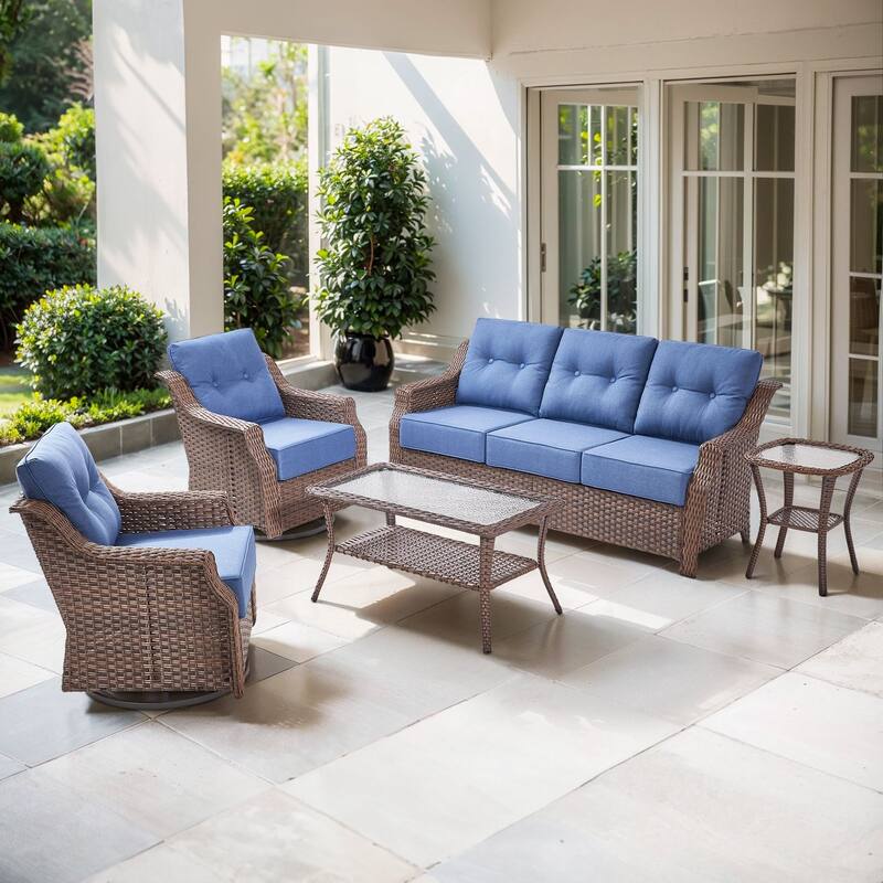 Artisan Patio Brown Wicker Sofa Conversation Set with 6-Inch Thick Cushions - Navy Blue - 5-Piece