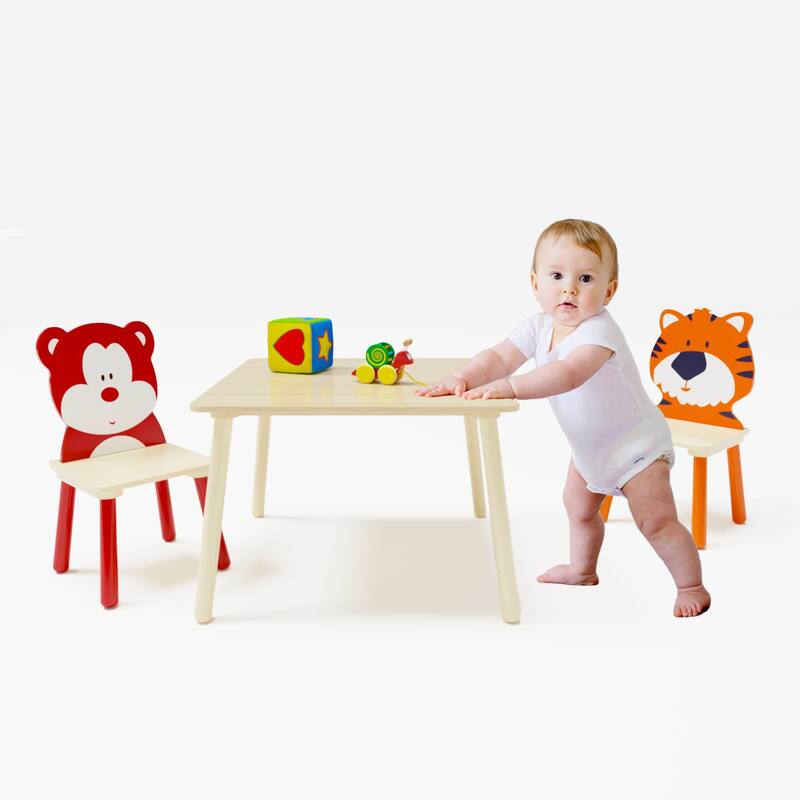 Anmytek Toddler 3-Piece Wooden Table and Chair Set Kids Activity Desk with Animal Backrest for Playroom Nursery